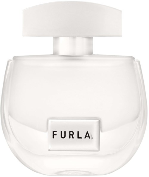 Vit parfymflaska med rund form och en svart etikett som säger 'FURLA'.