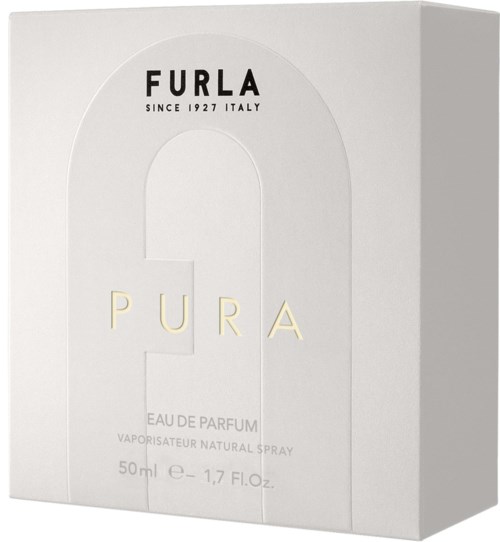 Vit låda med svart och guld text om Furla parfym, 50 ml, naturlig spray.