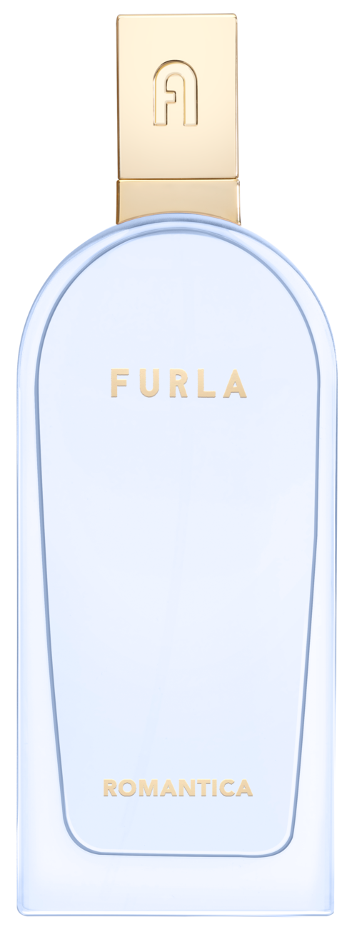 En parfyllflaska med svagt blå ton, guldkapsel och gul text som läser 'FURLA ROMANTICA' på framsidan.