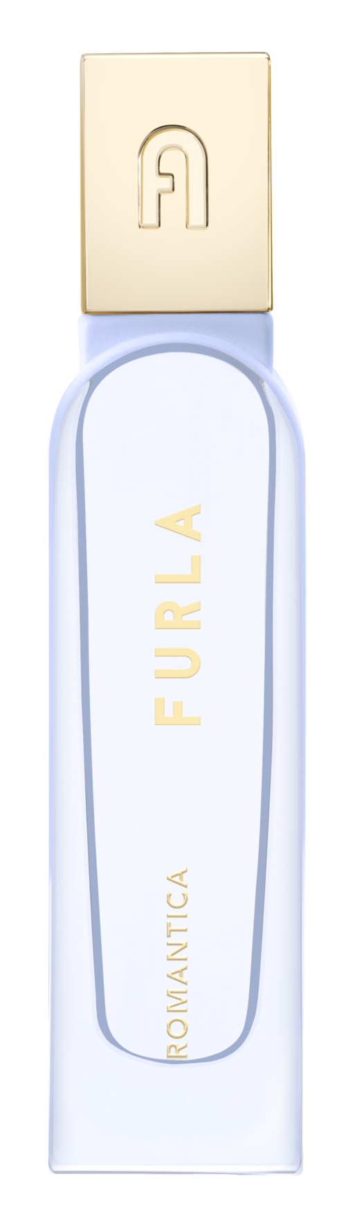 En tydlig parfyllfylld flaska med guldkapsel, märkt 'Furla Romantica' i guldlitter.