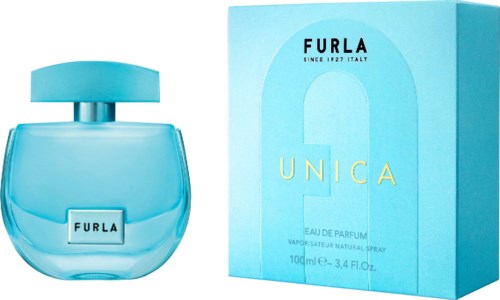 En blå parfymflaska med tillhörande box märkta 'Furla Unica' och en stor 'U' på boxen.
