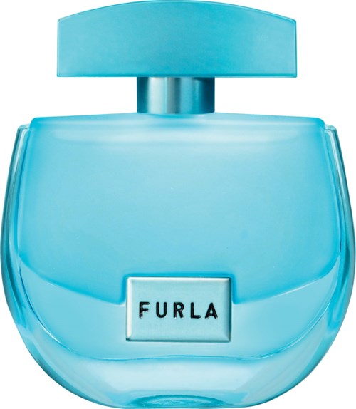 En ljusblå parfymflaska med rund form och en rektangulär etikett som säger 'FURLA'.
