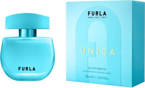Furla Unica parfymflaska och förpackning i ljusblå färg. Enkel, elegant design. Text visar märke och parfymnamn.