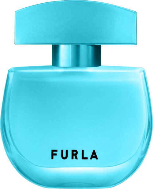 En blå parfymflaska med rund form och stor matchande kapsyl, märkt 'Furla'.