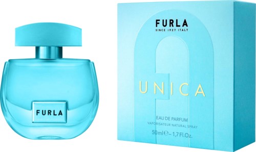 En blå parfymflaska med matchande förpackning, märkt Furla Unica, med enkel och ren design.