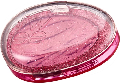 En rosa rund makeup-kompakt med glitter, tydligt lock och märkesnamn på ytan.