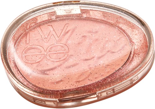 Rosa, glitterig makeup blush i ett oval plastfodral med W7-logo intryckt på ytan.