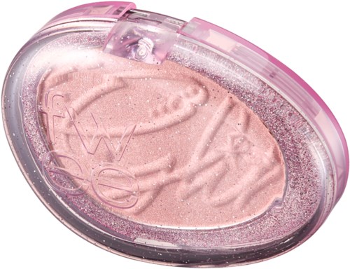 En rosa make-up-kompakt med skimrande rouge inuti och ett klart rosa lock.