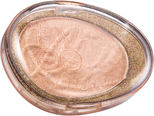 En liten makeup-ask med skimrande ljus rosa ögonskugga och ett tydligt lock.