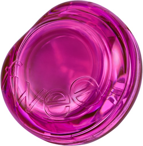 Ett runt, rosa glasföremål med ordet 'Weee' präglat inuti. Det är glänsande med reflektioner och en slät yta.
