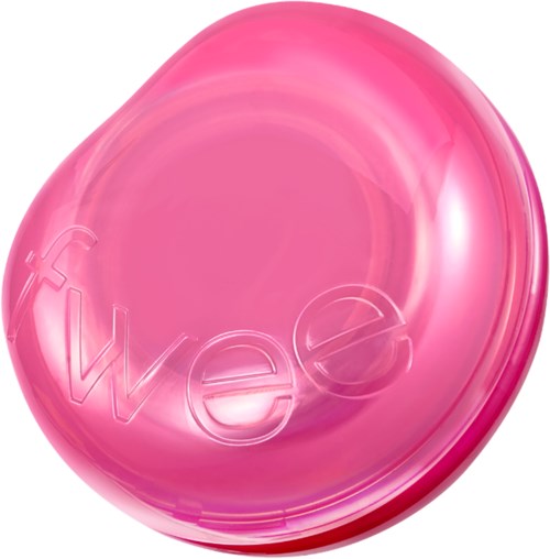Ett stort, rosa, runt föremål med ordet "eye" inbäddat, slät och glänsande yta.