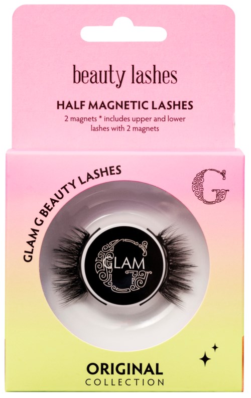 Rosa box innehåller magnetiska falska ögonfransar med två magneter, från varumärket 'Glam'.