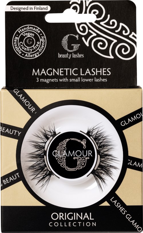 Magneettiset tekoripset pienillä ala-reisillä, musta ja kulta pakkaus Glamour Beauty, suunniteltu Suomessa.