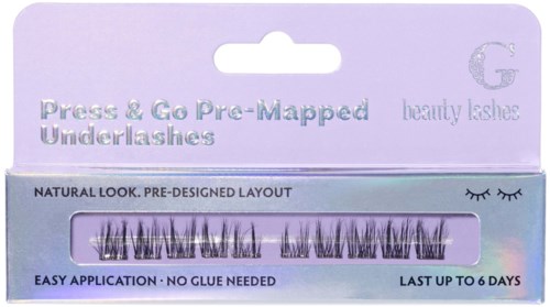 Pakkaus tekokarvoista merkitty 'Press & Go Pre-Mapped Underlashes' ja käyttöohjeet, kestävät jopa 6 päivää.