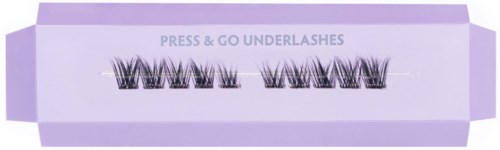 Pakkaus, jossa on tekoripsiä, nimeltä 'Press & Go Underlashes' violettinä taustalla.
