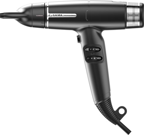 Eine schwarze Haartrockner mit Tasten am Griff, Kabel angeschlossen, und Düsen zum Haartrocknen.