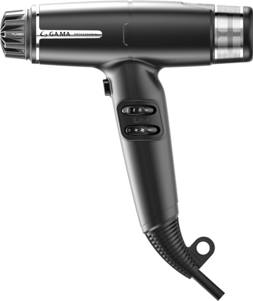 Ein schwarzer professioneller Haartrockner mit Knöpfen am Griff und einem Kabel unten.