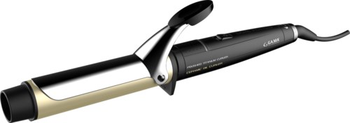 Eine Lockenstab mit schwarzem Griff und Goldklemme, zum Stylen der Haare. Mit Netzkabel und Einstellring.
