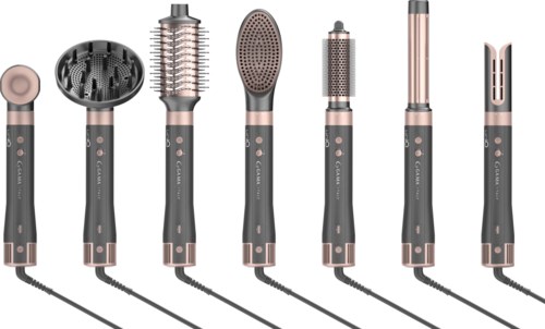 Set van zeven verschillende stylingtools, inclusief borstels, een stijltang en een krultang, allemaal zwart met roségoud.