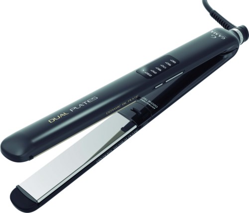 Ein schwarzer Haarglätter mit digitalen Bedienelementen und Doppelplatten, Anschluss an ein Kabel.