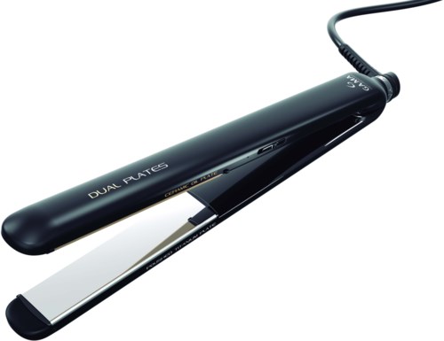 Ein schwarzer Haarglätter mit Kabel, mit der Aufschrift 'Dual Plates', zum Styling der Haare.