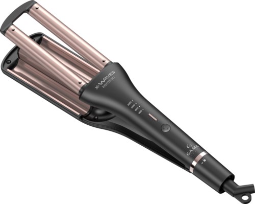 Eine Lockenstab mit schwarzem Griff und roségoldenem Rohr, zum Frisieren. Es hat Steuerknöpfe und ein Kabel.