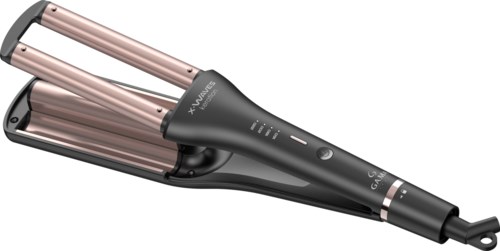 Eine Lockenstab mit schwarzem Griff und roségoldfarbenen Lockröhren. Mit Kabel und Bedienelementen.