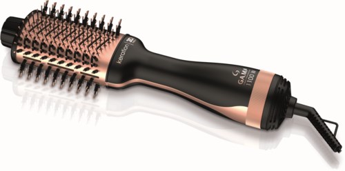Eine beheizte Haarbürste mit schwarzem Griff und roségoldenem Bürstenkopf, zum Stylen der Haare.