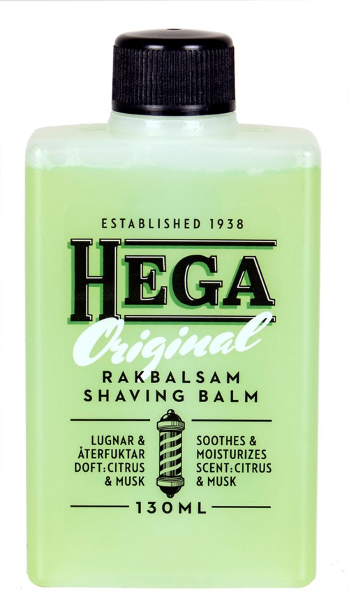 En grön flaska Hega Original rakbalsam med svart lock, märkt för citrusdoft och musk, 130ML.