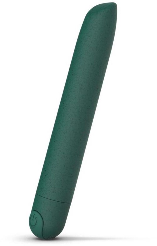 A green device with a rounded tip and a power button at the bottom. Looks like a personal massager.