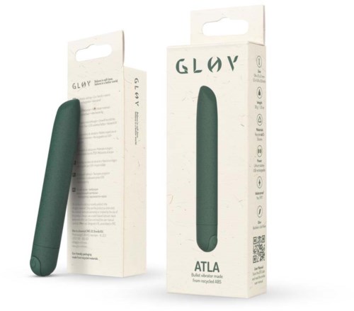 A green bullet vibrator in and out of its packaging, which has product details and icons on it.