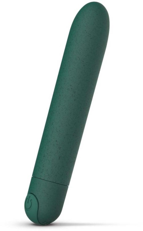 A green handheld device with a rounded top and a power button near the bottom.