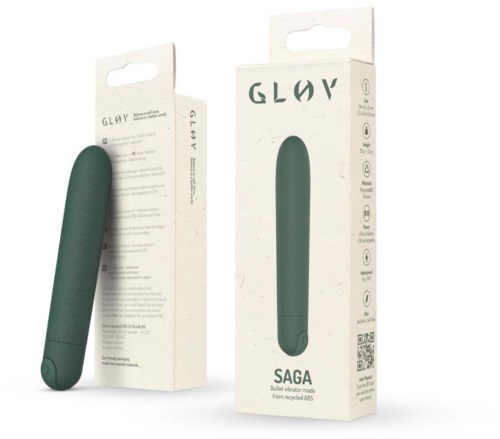 A green, rod-shaped vibrator named SAGA in a white box with product details.