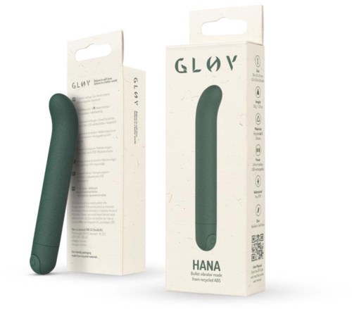 A green, curved vibrator with packaging that reads "GLOW HANA" and indicates it is body-safe and waterproof.