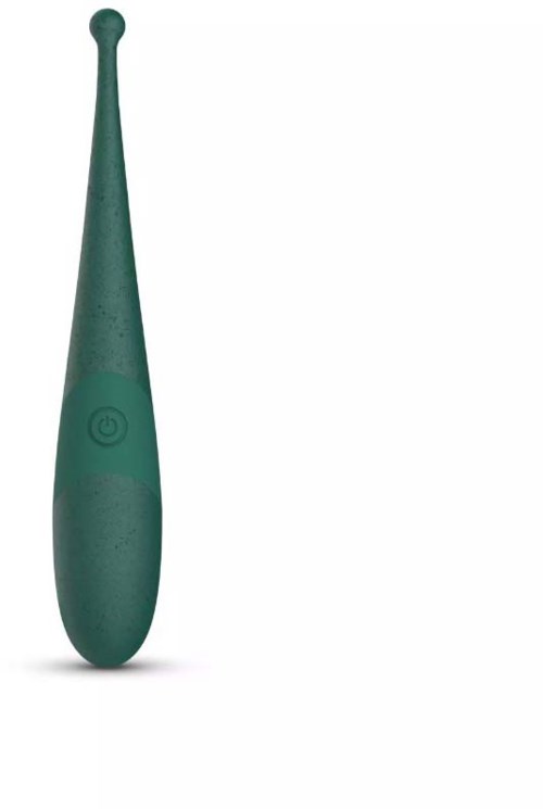 This is a green electric toothbrush with a long handle and a power button. It has a modern design.
