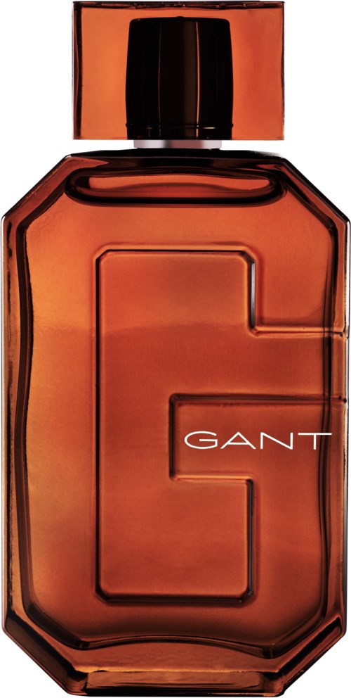 Ein braunorangefarbener GANT-Parfümflasche mit schwarzem Deckel und großem G-Logo auf der Vorderseite.