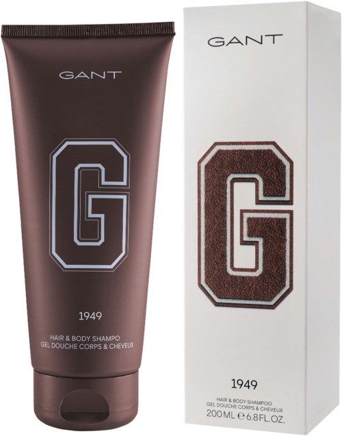 Dunkelbraune Tube und weiße Verpackung für GANT Haar- und Körpershampoo mit großem G-Logo und Jahr 1949.