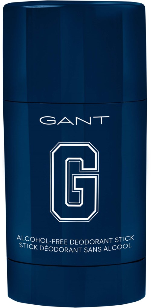 Ein blauer Deodorant-Stick mit GANT-Logo, alkoholfrei, in einem einfachen Zylinderbehälter.