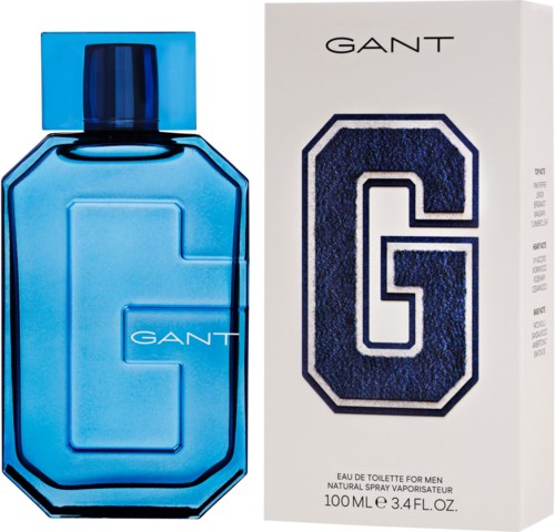 Eine blaue Parfüflasche und eine weiße Box mit einem dunkelblauen G. Die Box sagt GANT und enthält Informationen über den Duft.