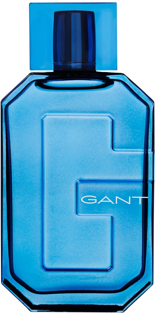Eine blaue Parfümflasche mit blauem Deckel, großes G und GANT geschrieben.