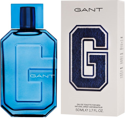 Eine blaue Parfümflasche und eine Box mit einem großen G für GANT. Die Box sagt, es ist für Männer und hat 50 ml.