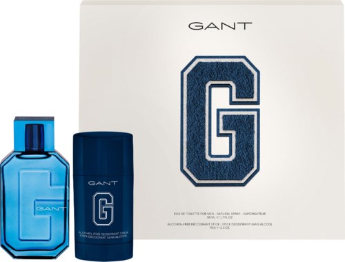 GANT-parfumset bevat een blauwe fles, een bijpassende houder en een doos met een grote G-logo.