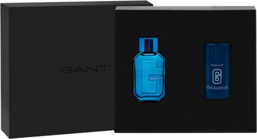 Gant parfymgåvoset med en blå flaska och matchande förvaringsbehållare i en svart låda.