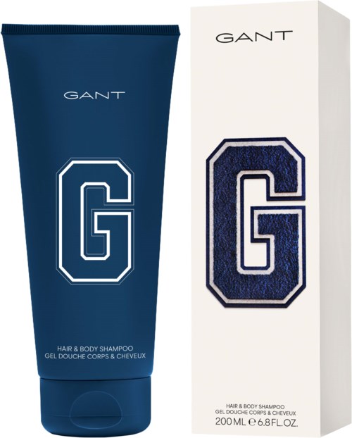 Ein blauer Tuben und eine weiße Box GANT Haar- und Körpershampoo. Das 'G'-Logo ist deutlich sichtbar.