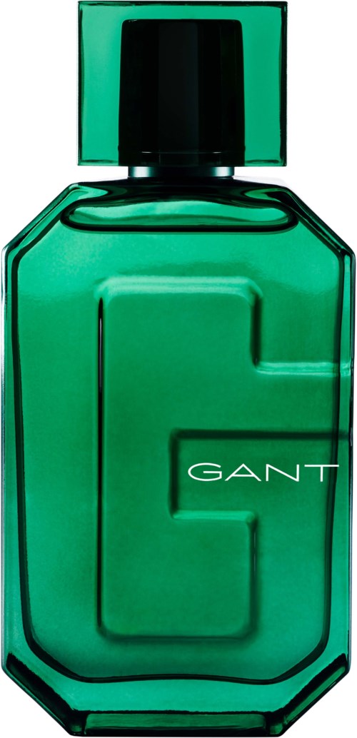 Grüne Parfümflasche mit schwarzem Deckel und der Aufschrift "GANT".