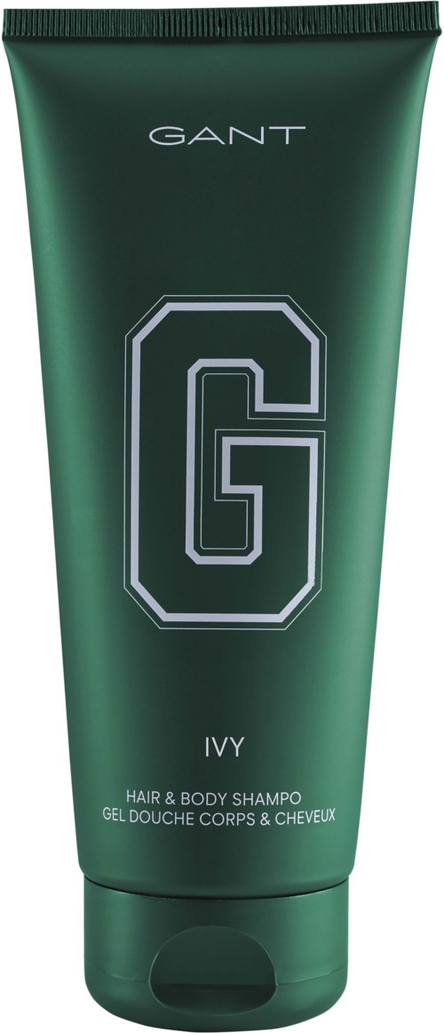 Grüne Tube mit GANT Ivy Haar- und Körpershampoo. Einfaches Design mit großem Buchstaben G in der Mitte.
