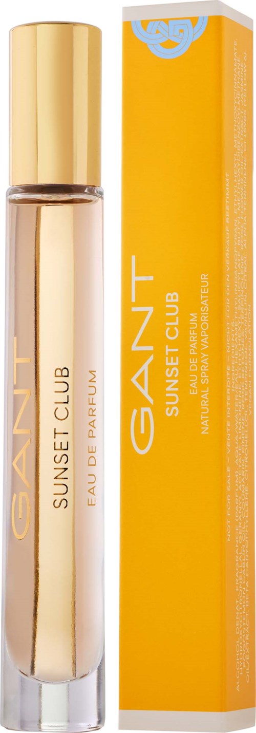 Ein Parfümflasche mit der Bezeichnung GANT Sunset Club in Orange und Gold, neben einer passenden Box.