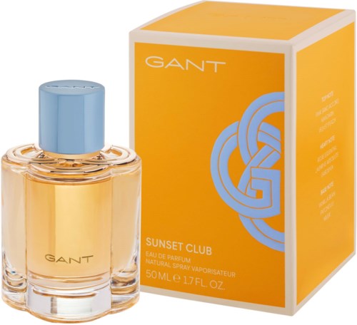 Ein Parfümflasche und Schachtel mit GANT Sunset Club, gelbe und blaue Farben, elegantes Design, 50 ml.