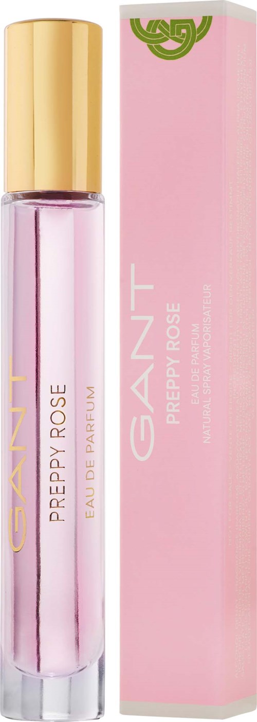 Een parfumbot en roze doos met gouden dop, gemarkeerd GANT PRETTY ROSE.