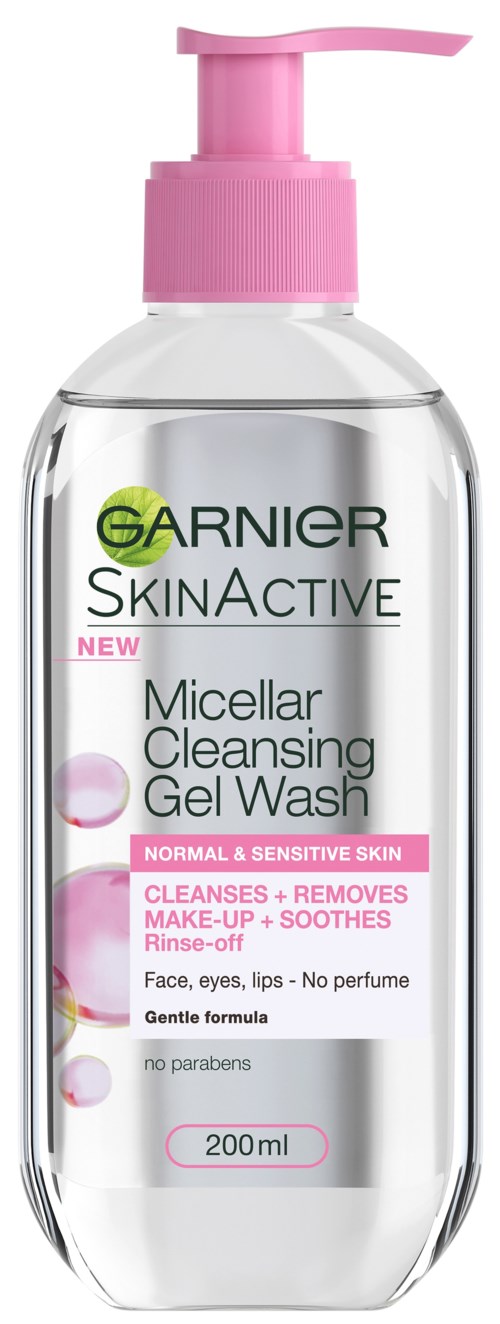 Garnier SkinActive micellaire reinigingsgel voor gezicht, ogen, lippen. Geschikt voor normale en gevoelige huid, verwijdert make-up, kalmeert.